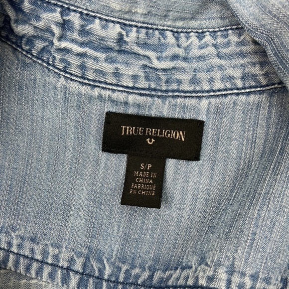 True Religion Military Women's‎ Shirt Blue Button Front Top Blouse Size S - Picture 9 of 11